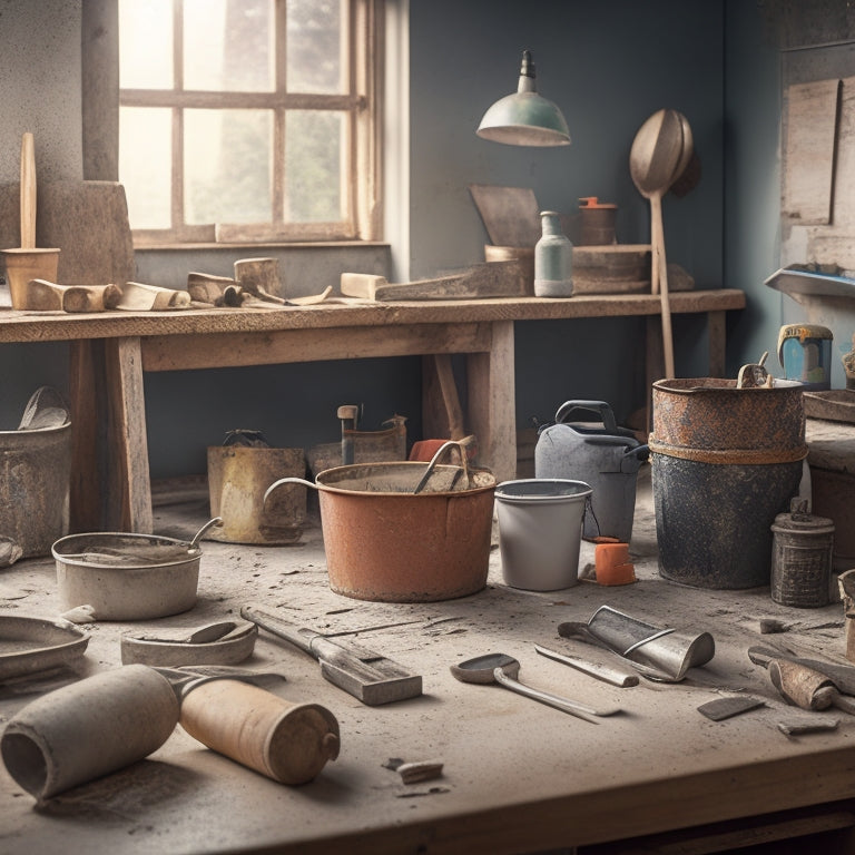 A cluttered home renovation workspace with various trowels and floats scattered on a wooden table, surrounded by partially mixed buckets of cement and scattered tools.