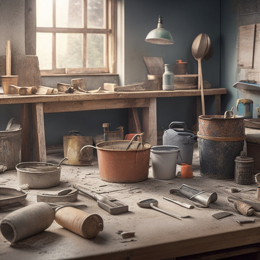 A cluttered home renovation workspace with various trowels and floats scattered on a wooden table, surrounded by partially mixed buckets of cement and scattered tools.