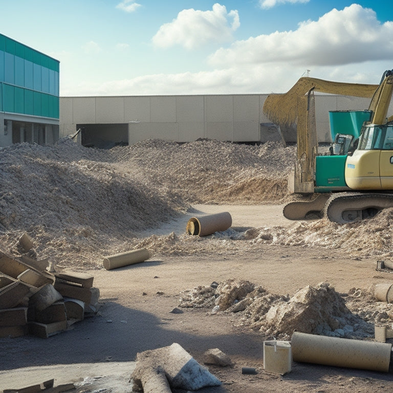 A cluttered renovation site with scattered debris, tools, and building materials, contrasted with a clean and organized area in the background featuring a compacted pile of waste and a compacting machine.