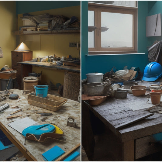 A split-screen image featuring a messy, halfway-renovated room on one side, with scattered tools and materials, and a tidy, organized spreadsheet with calculator and construction helmet on the other side.
