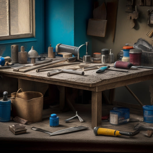 A cluttered workbench with various crack filling tools, including a caulk gun, putty knife, and patching compound, surrounded by cracked walls, concrete, and wood samples, with a hammer and trowel in the background.