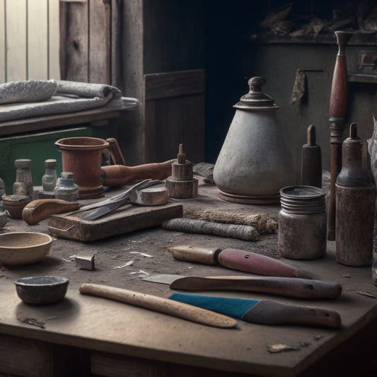 A cluttered workbench with a vintage wooden handle of a trowel, a stainless steel finishing knife, and a putty knife with worn grip, surrounded by scraps of plaster and dust.