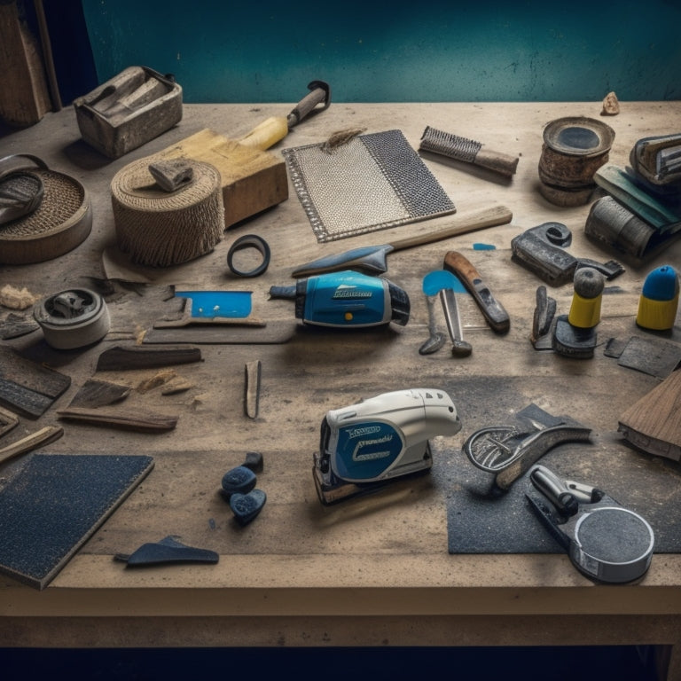 A cluttered workshop table with a variety of flooring tools, including a circular saw, tile nipper, and flooring stapler, surrounded by wood shavings, scattered tiles, and a measuring tape.