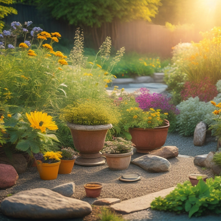 A serene, sun-drenched small garden scene with a mix of vibrant flowers, lush greenery, and rustic stone paths, featuring a neatly arranged selection of tamping tools in the foreground.
