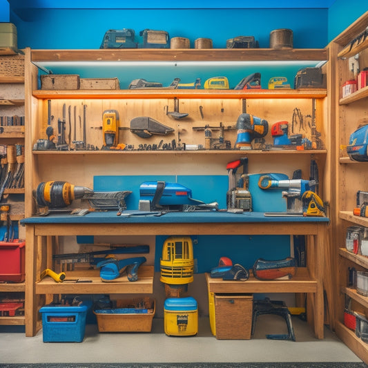 A bright, organized workshop with various power tools and equipment on shelves and workbenches, with a few tools in mid-use on a renovation project, surrounded by renovation materials and half-finished DIY projects.