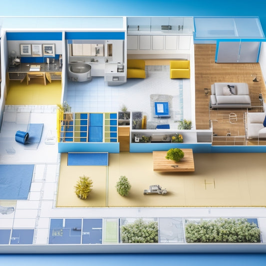 A blueprint of a modern home with various rooms highlighted in different colors, with measuring tapes, levels, and construction tools scattered around, surrounded by subtle grid lines and architectural symbols.