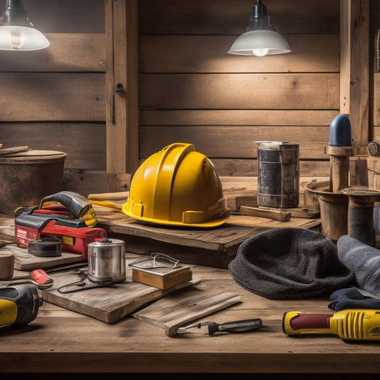 A cluttered home renovation workspace with scattered power tools, building materials, and warning signs, surrounded by a hard hat, safety goggles, and a first-aid kit, on a worn wooden table.