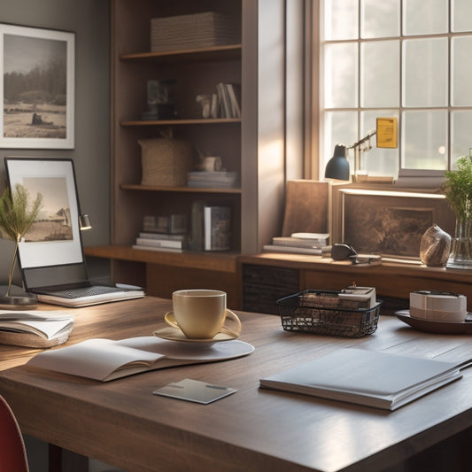 A tidy, well-lit home office with a large, wooden desk, surrounded by labeled file folders, a notebook with a renovation plan, and a cup of steaming coffee, amidst a calm, neutral-colored background.