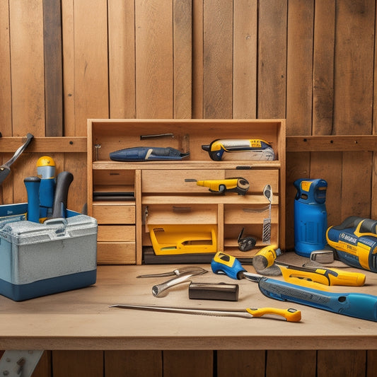 A clutter-free, well-organized toolbox with a hammer, tape measure, level, pliers, screwdrivers, and a cordless drill, arranged on a wooden workbench with a subtle background of renovation blueprints.