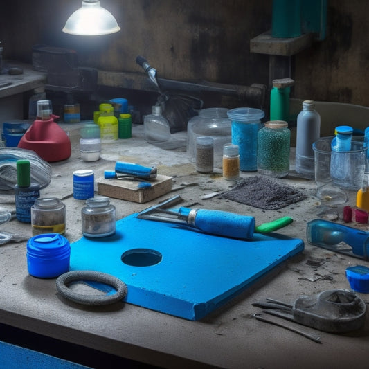 A cluttered workshop table with various crack filling equipment, including a caulk gun, putty knife, and epoxy resin, surrounded by open containers of grout and concrete patching compound.