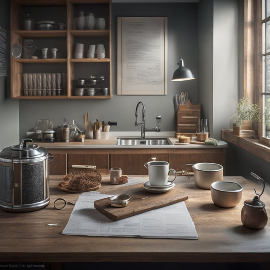 A serene, organized workspace with a large, wooden desk in the center, surrounded by rolled-up blueprints, a tape measure, and a cup of steaming coffee, amidst a subtle background of a renovated kitchen.