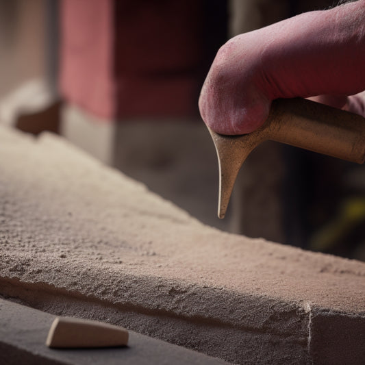 A close-up of a trowel scraping away old mortar, revealing a subtle color difference between the original and new mortar, with a blurred background of a historic brick wall.