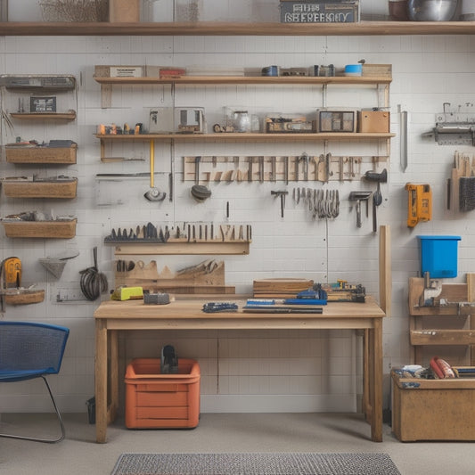 A tidy workshop with a pegboard covered in neatly hung tools, a labeled storage cabinet, and a workbench with a custom tool organizer tray, surrounded by a clean and clutter-free floor.