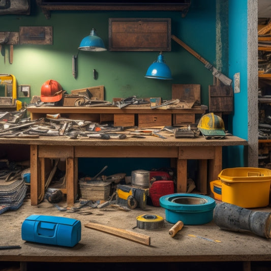 A cluttered workbench with various toolboxes, a hammer, tape measure, and level in the foreground, surrounded by a partially demolished wall, scattered blueprints, and a hard hat in the background.