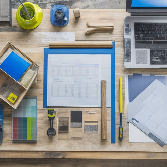A tidy, well-organized workspace with a large, unfolded blueprint on a wooden desk, surrounded by color-coded folders, a tablet with a renovation app, and a few scattered, precisely placed construction tools.