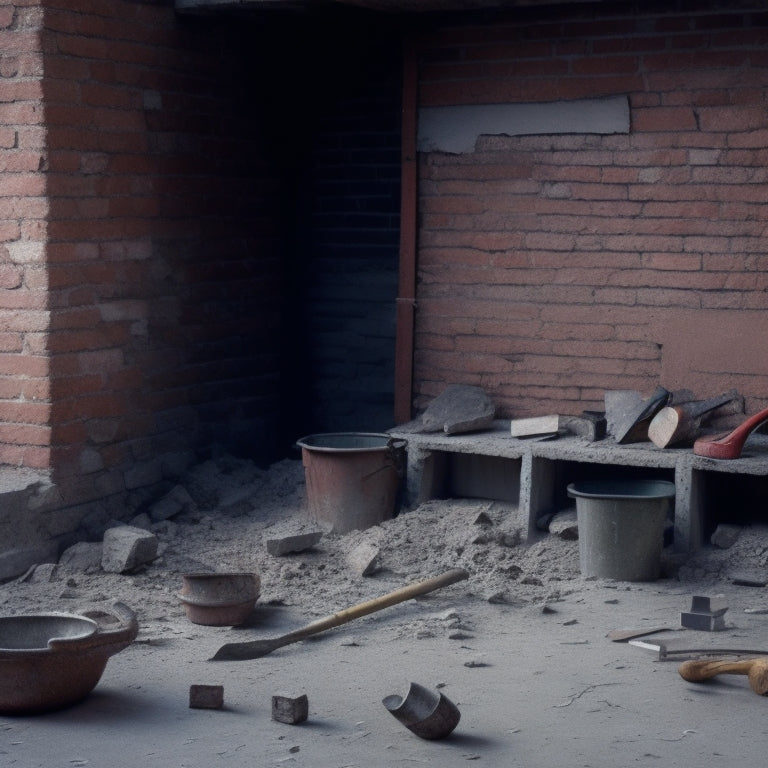 A partially demolished block wall with cracked and crumbling blocks, surrounded by scattered tools like trowels, level, and wheelbarrow, with a faint outline of a renovated wall in the background.
