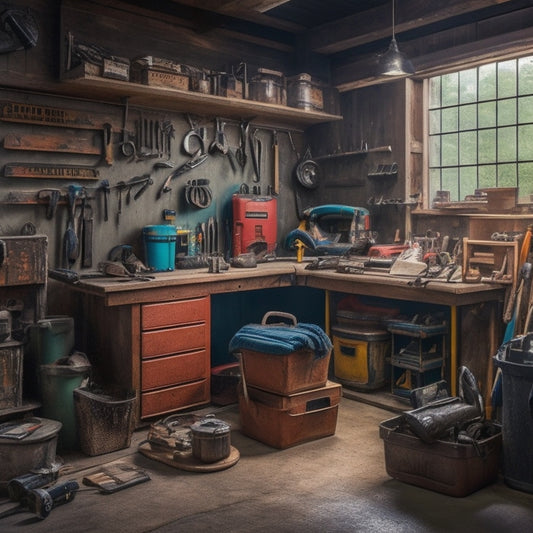 A cluttered but organized tool-filled garage with a workbench in the center, surrounded by second-hand toolboxes, wrenches, and power tools, with a faint nostalgic glow and a hint of DIY enthusiasm.