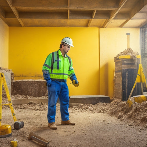 An image of a person wearing a hard hat, safety goggles, and gloves, standing in a renovated room with a hammer and tape measure nearby, surrounded by caution signs and a partially demolished wall.