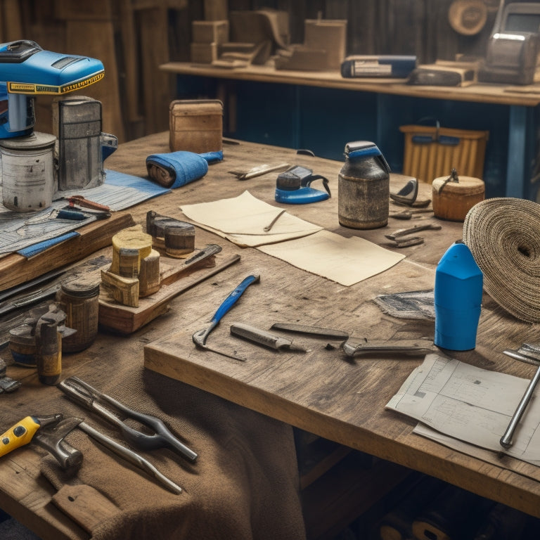 A cluttered workshop table with a variety of tools, including a cordless drill, level, tape measure, and wrench, surrounded by scattered blueprints, wooden planks, and a toolbox in the background.