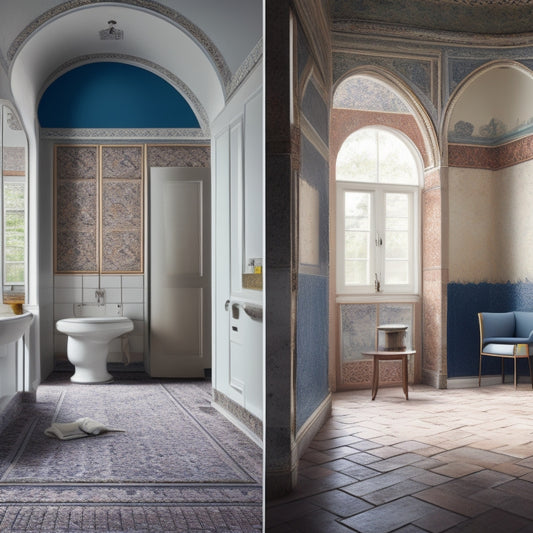 A split-screen image featuring a renovation site with cracked tiles and peeling wallpaper on one side, and a flawless, modern renovation with seamless joints and sturdy fixtures on the other.