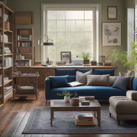 A serene, well-lit living room with a large, wooden desk in the center, topped with a rolled-out blueprint, colorful pens, and a few scattered renovation magazines, surrounded by comfortable, inviting furniture.