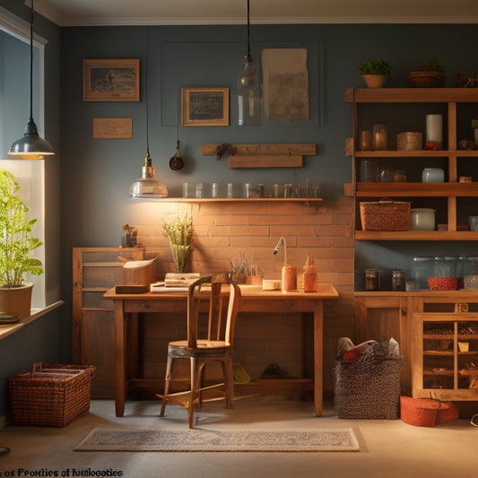 Interior room, mid-renovation, tools and materials neatly organized, warm lighting, soft color palette, focused on a chalkboard displaying a carefully planned budget, surrounded by savings jars, a calendar, and a satisfied DIY homeowner reviewing plans.