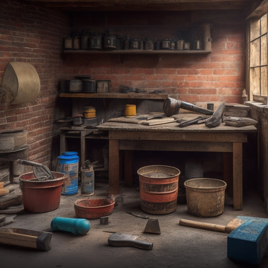 A tidy workshop with a worn wooden workbench, surrounded by affordable masonry tools: a level, trowel, and hammer, with a few scattered bricks and a mixing bucket in the background.