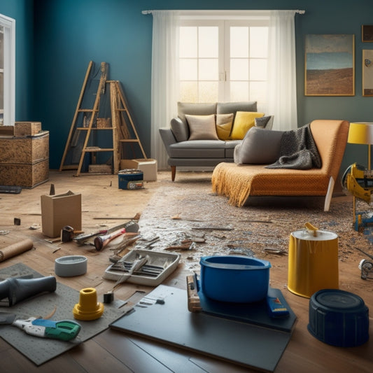 A realistic, high-angle shot of a renovated living room with a prominent, freshly repaired wall crack, surrounded by scattered renovation tools and a few open packaging boxes of wall repair kits.