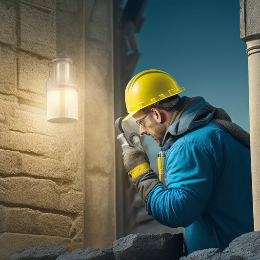 A detailed illustration of a stucco exterior wall with cracked and damaged areas highlighted, showing a contractor inspecting with a flashlight and magnifying glass, amidst scaffolding and renovation tools.