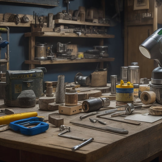 A cluttered workshop table with a variety of tools and materials, including a cordless drill, level, tape measure, hammer, and a half-finished DIY renovation project in the background.
