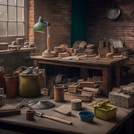 A cluttered workbench with a mixture of old and new bricklaying tools, including a trowel, level, hammer, spirit level, tape measure, and safety goggles, surrounded by scattered bricks and mortar.