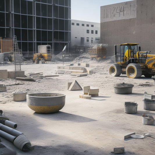 A messy construction site with scattered concrete blocks, surrounded by renovation tools like wire brushes, scrubbers, and pressure washers, with a faint outline of a restored block in the background.