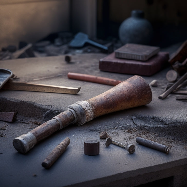 An image of a broken, rusty hammer lying next to a mangled nail, with a cracked and crumbling wall in the background, surrounded by scattered debris and tools.