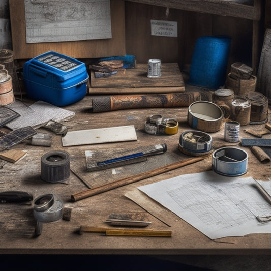 A cluttered workspace with rolled-up blueprints, scattered calculators, and various building materials like lumber, tiles, and paint cans, surrounded by measuring tapes and a worn-out carpenter's pencil.