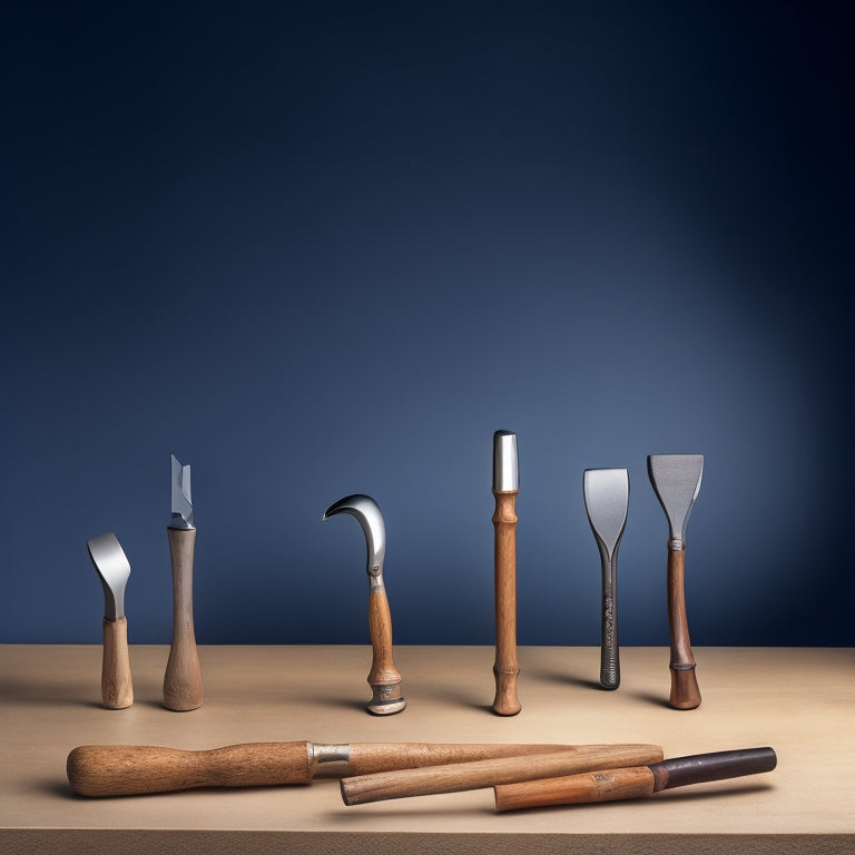 An arranged display of 5-7 different hammers, varying in size, material, and handle type, against a clean, light-gray background, with subtle shadows and soft, natural lighting.