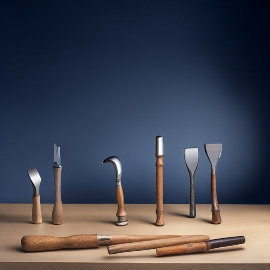 An arranged display of 5-7 different hammers, varying in size, material, and handle type, against a clean, light-gray background, with subtle shadows and soft, natural lighting.