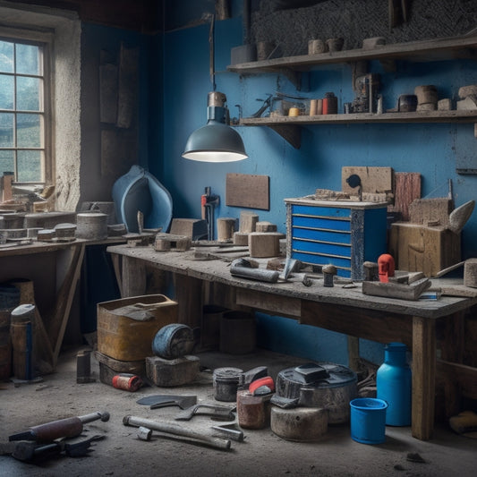 A cluttered workshop scene with various DIY tools scattered around, including a drill, trowel, level, and mallet, surrounded by blocks, mortar, and a partially renovated block wall in the background.