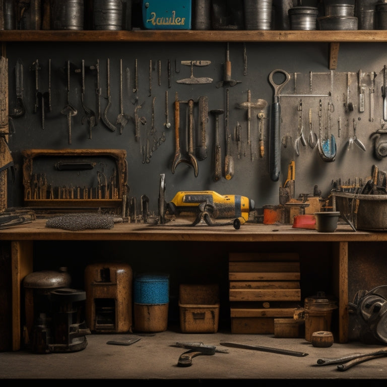 A cluttered workshop background with various tools and equipment scattered around, featuring a central focal point of a pegboard with hooks holding an assortment of drills, saws, and wrenches.