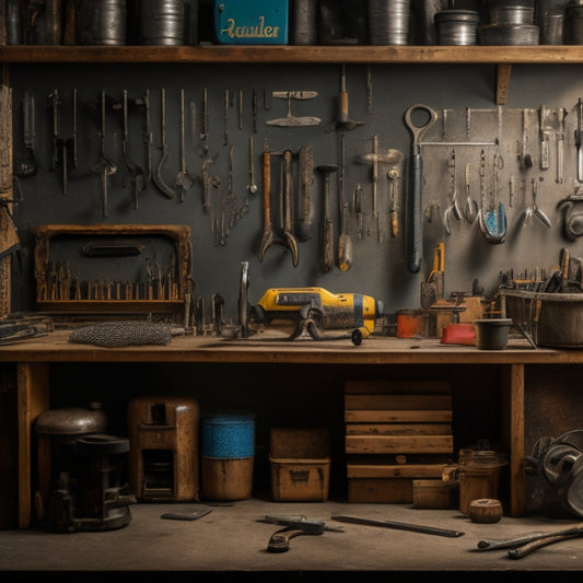 A cluttered workshop background with various tools and equipment scattered around, featuring a central focal point of a pegboard with hooks holding an assortment of drills, saws, and wrenches.