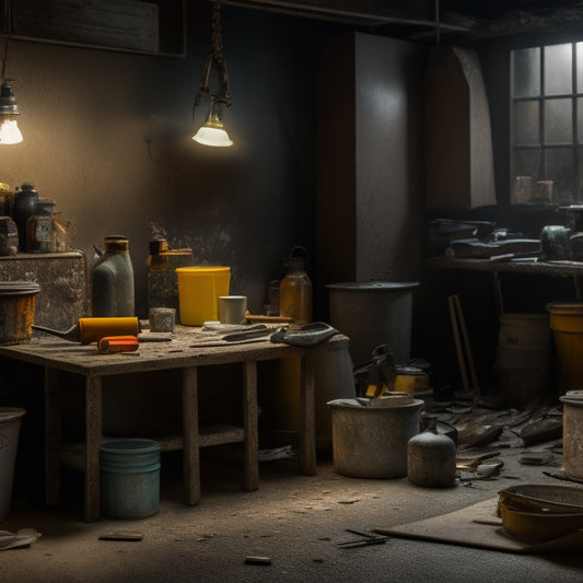 A cluttered, dimly lit workshop background with various tools scattered around, featuring a caulk gun, putty knife, and patching compound containers prominently displayed alongside a cracked wall section with a faint outline of a filled crack.