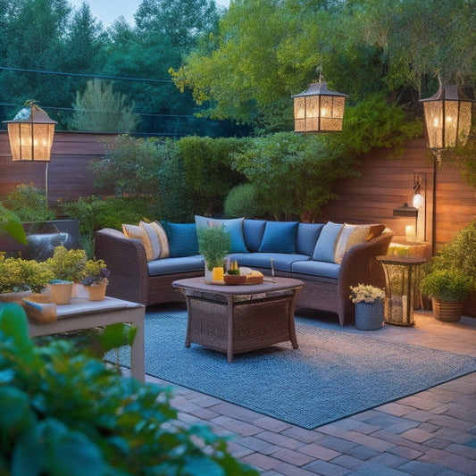 A well-designed patio with affordable yet stylish furniture, DIY decor, and cost-effective lighting, showcasing a cozy and inviting outdoor space created on a budget, with a focus on essential renovation costs.