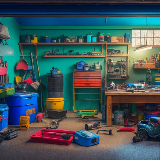 A cluttered garage with various DIY tools scattered around, with a few tools highlighted in bright colors, surrounded by a faint outline of a house in the background.