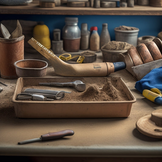 A close-up of a hand selecting an ergonomic trowel from a neatly organized toolbox, showcasing various trowel shapes and grips, surrounded by renovation tools and materials, with natural light illuminating the scene.