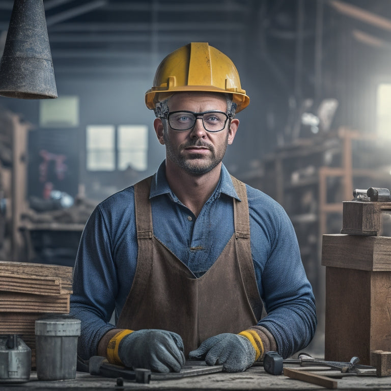An image of a person wearing safety goggles, a hard hat, and a dust mask, standing in a cluttered DIY workshop surrounded by power tools, construction materials, and caution signs.