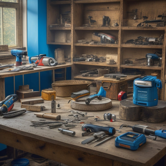 A cluttered workshop table with various power tools, such as a cordless drill, impact driver, and circular saw, surrounded by scattered tool manuals, batteries, and charging stations.