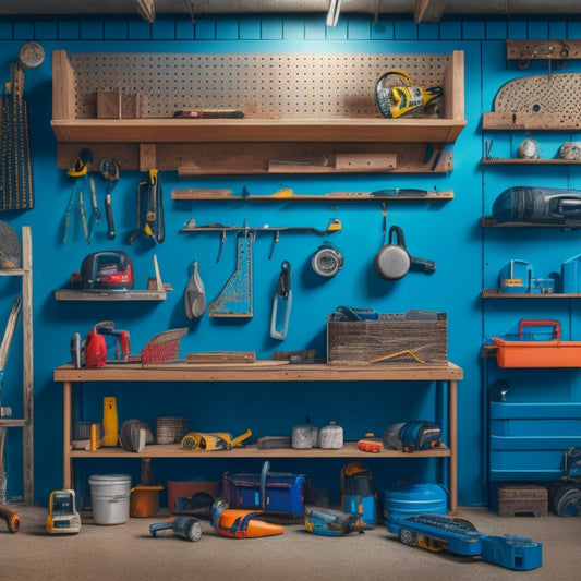 A cluttered block garage with scattered tools and building materials transforms into an organized space with a pegboard, shelving, and a workbench, featuring a variety of power tools arranged in a neat and accessible manner.