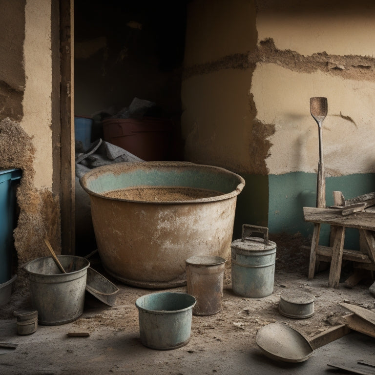 An image depicting a renovation site with a stucco wall in disrepair, with cracked and crumbling areas, alongside a toolbox, trowel, and bucket of stucco mix, amidst scattered renovation materials.