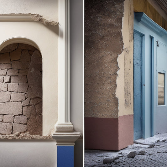 A before-and-after split-screen image: a cracked, crumbling stucco wall with broken pieces falling off, alongside a rejuvenated wall with smooth, seamless stucco finish and perfectly aligned joints.