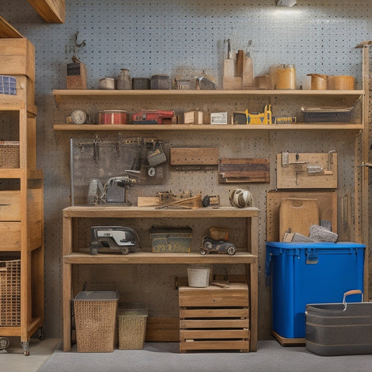 A clutter-free workshop with a pegboard adorned with neatly hung tools, a labeled storage bin, a rolling toolbox, and a wooden crate repurposed as a shelving unit, surrounded by renovation materials.