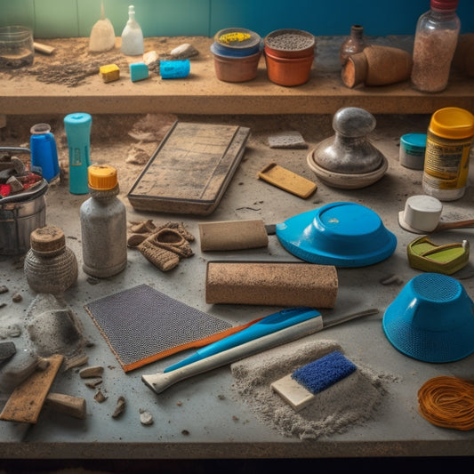 A cluttered workshop table with various grouting tools, including a grout saw, grout float, grout brush, and grout scraper, surrounded by scattered grout mix and tile fragments.
